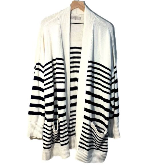 LOFT Cardigan White Navy Blue Striped Women’s XXL Open Front Pockets - Picture 1 of 13